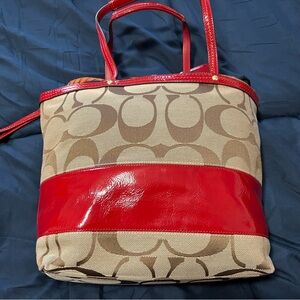 Coach Vintage Red Signature Tan Designer Tote Bag